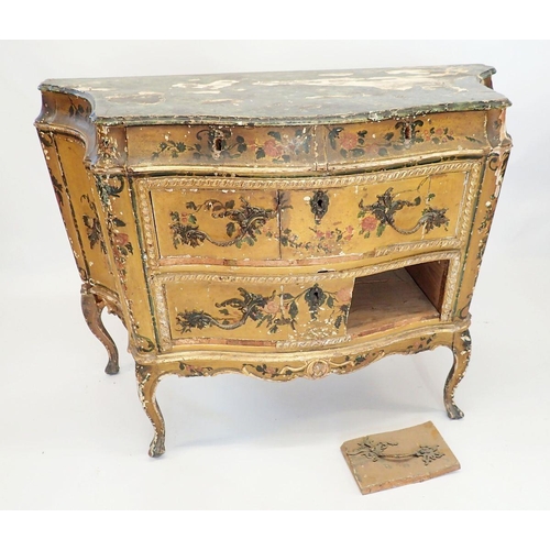 1253 - An 18th century Italian painted bombe form commode with faux marble top and slender curved supports,... 