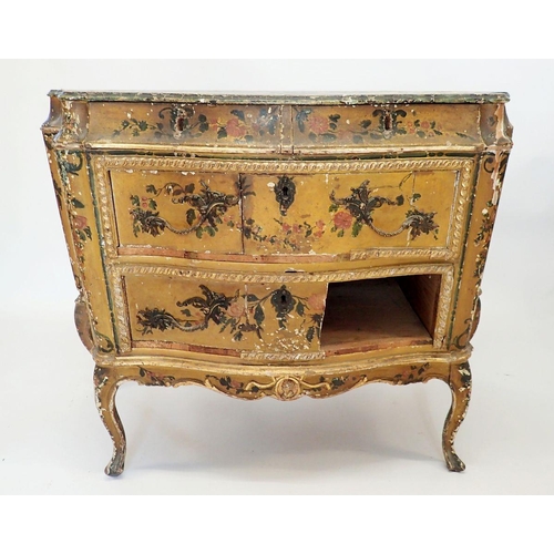 1253 - An 18th century Italian painted bombe form commode with faux marble top and slender curved supports,... 