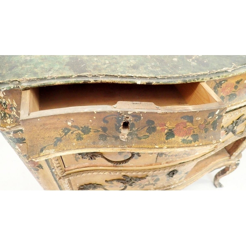 1253 - An 18th century Italian painted bombe form commode with faux marble top and slender curved supports,... 