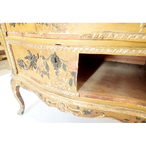 1253 - An 18th century Italian painted bombe form commode with faux marble top and slender curved supports,... 