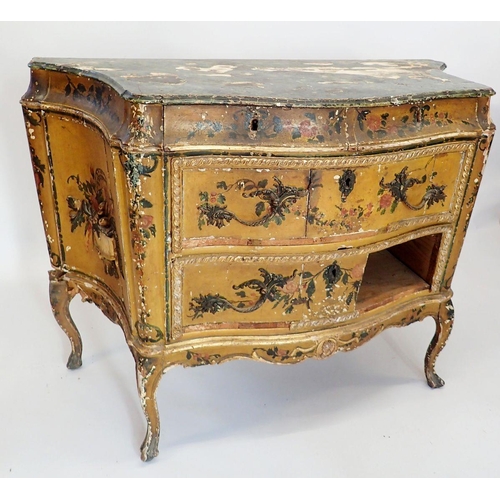 1253 - An 18th century Italian painted bombe form commode with faux marble top and slender curved supports,... 