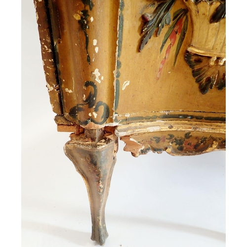 1253 - An 18th century Italian painted bombe form commode with faux marble top and slender curved supports,... 