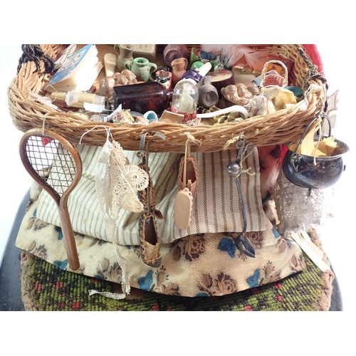 1260 - A large Victorian wax headed peddler doll with tray of wares, under glass dome, approx 48cm