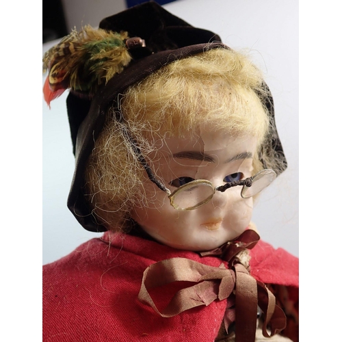 1260 - A large Victorian wax headed peddler doll with tray of wares, under glass dome, approx 48cm