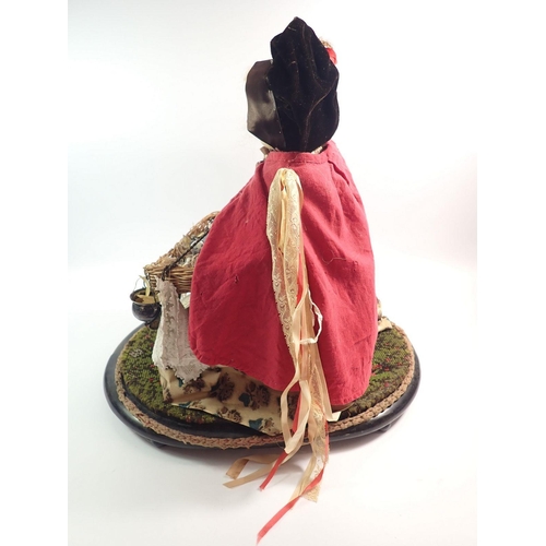 1260 - A large Victorian wax headed peddler doll with tray of wares, under glass dome, approx 48cm