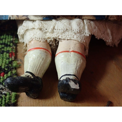 1260 - A large Victorian wax headed peddler doll with tray of wares, under glass dome, approx 48cm