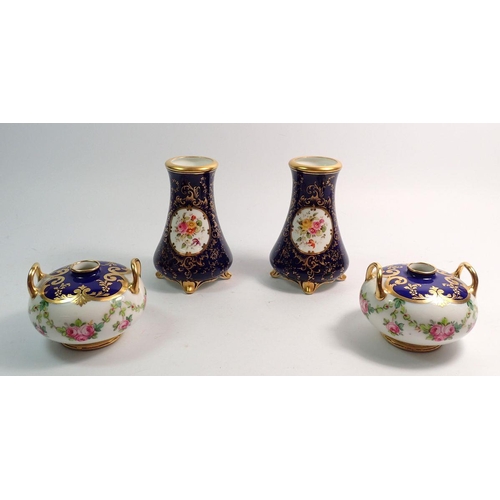 127 - A pair of miniature Minton floral painted posy vases and a Coalport pair of vases painted reserves o... 