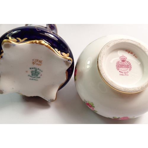 127 - A pair of miniature Minton floral painted posy vases and a Coalport pair of vases painted reserves o... 