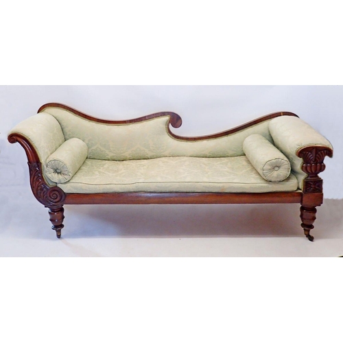 1289 - A large Regency mahogany double scroll end chaise longue or settee with finely carved decoration, al... 