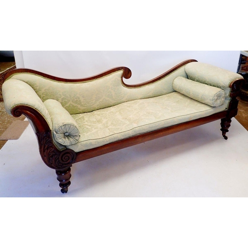 1289 - A large Regency mahogany double scroll end chaise longue or settee with finely carved decoration, al... 