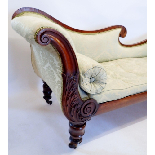 1289 - A large Regency mahogany double scroll end chaise longue or settee with finely carved decoration, al... 