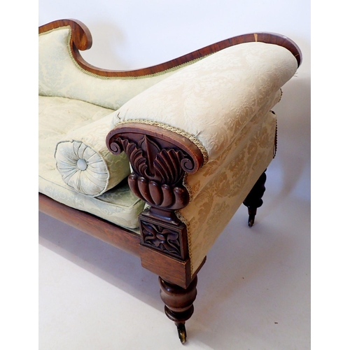 1289 - A large Regency mahogany double scroll end chaise longue or settee with finely carved decoration, al... 