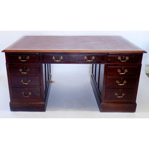 1307 - A 19th century mahogany twin pedestal desk with nine drawers, 122 x 91 x 65cm high