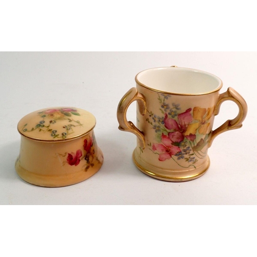 131 - A Royal Worcester three handled tyg painted flowers, 6cm and a circular trinket pot, the trinket pot... 