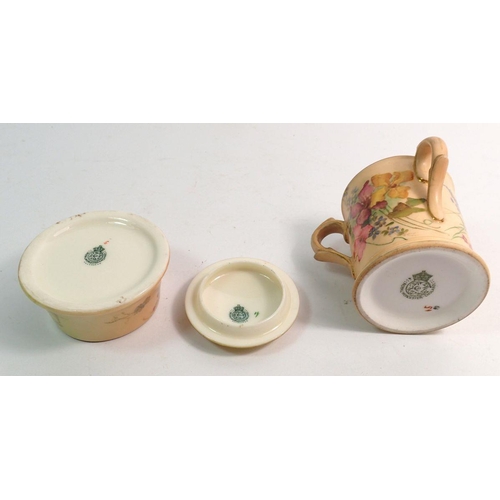 131 - A Royal Worcester three handled tyg painted flowers, 6cm and a circular trinket pot, the trinket pot... 