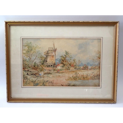 1310 - A watercolor landscape depicting windmill unsigned, 27 x 44cm