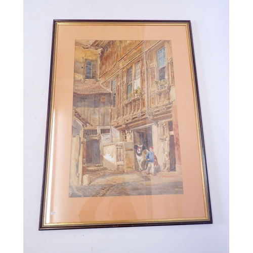 1311 - A watercolour continental street scene with boy leading horse, 66 x 42cm