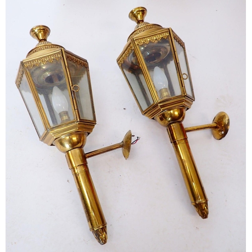 1315 - A pair of 19th century brass coaching lanterns converted to electricity, 54cm