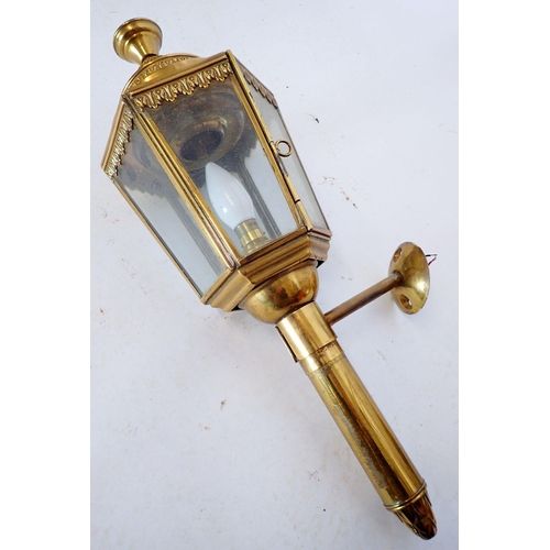 1315 - A pair of 19th century brass coaching lanterns converted to electricity, 54cm