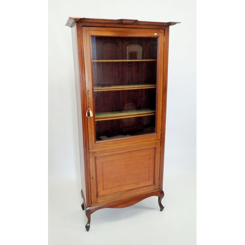 1325 - An Edwardian mahogany display cabinet with single glazed door over panelled door, all with ebony and... 