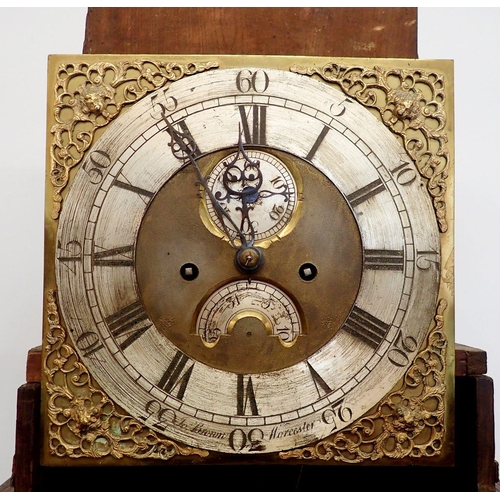 1329 - An 18th century oak longcase clock, the brass dial with date niche and seconds dial, with eight day ... 