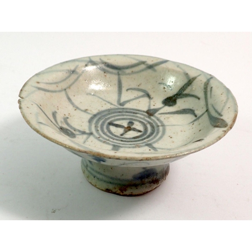 134 - An antique Chinese blue and white provincial small porcelain pedestal dish, 10cm diameter