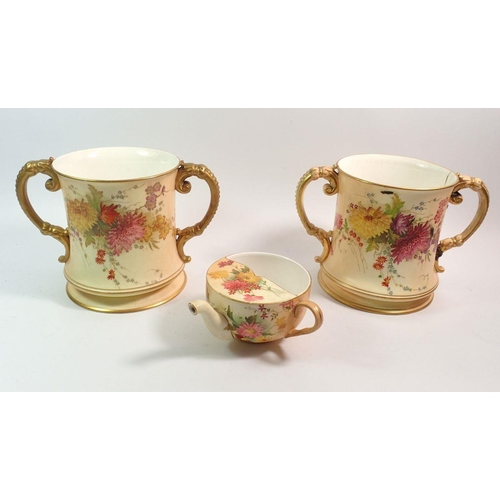 136 - A Royal Worcester ivory blush pair of large two handled loving cups 15cm tall and a similar invalid ... 