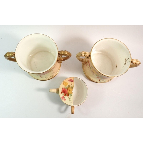 136 - A Royal Worcester ivory blush pair of large two handled loving cups 15cm tall and a similar invalid ... 