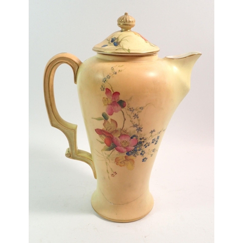 137 - A Royal Worcester ivory blush coffee pot and lid painted flowers 25cm tall