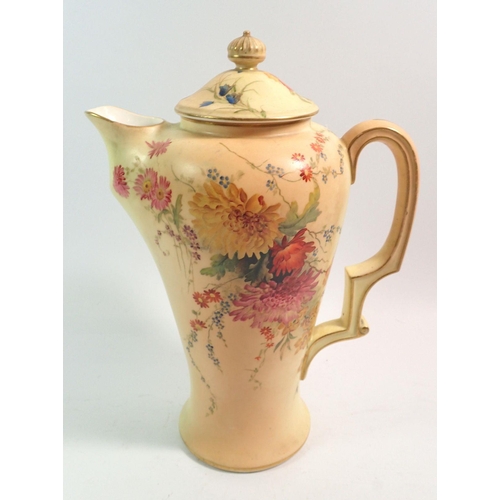 137 - A Royal Worcester ivory blush coffee pot and lid painted flowers 25cm tall