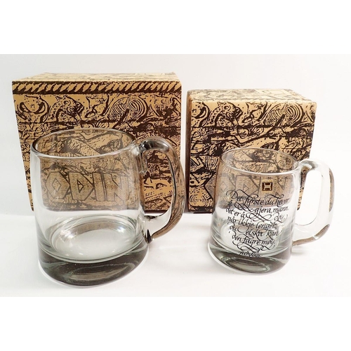 144 - Two Norwegian Odin glass beer tankards, boxed