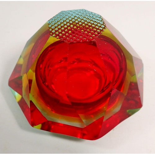 159 - A Murano red glass Sommerso faceted diamond form bowl, 12cm wide