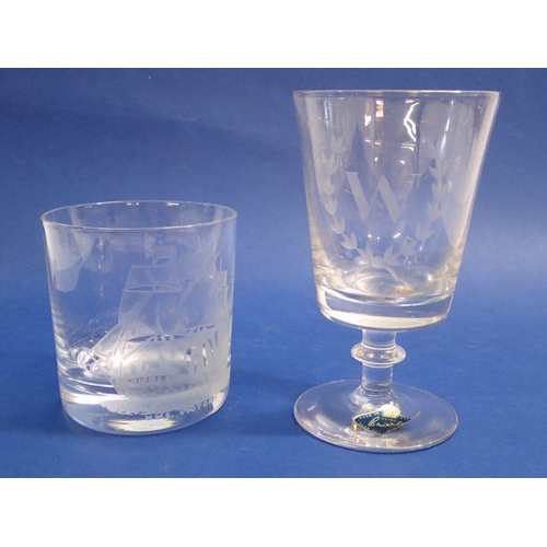 161 - A vintage glass jug and six tall tumblers engraved flowers