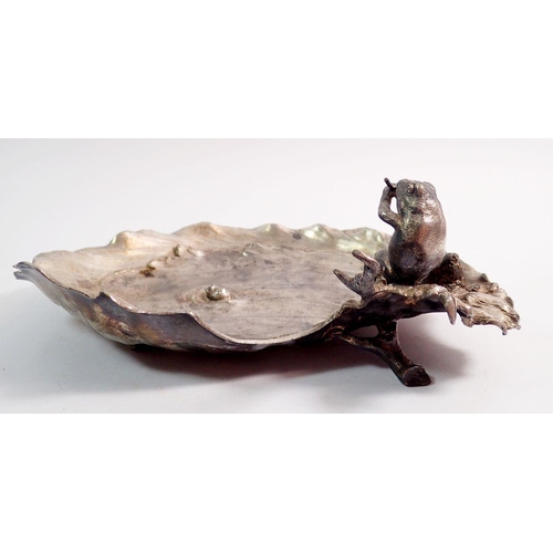 171 - A WMF silver plated dish in the form of a pond with seated frog to rim playing the flute, 22cm wide