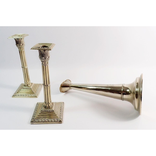 206 - A silver plated ships hailing trumpet, 27cm tall, engraved Capt. B Verrile from A.G.W and a pair of ... 