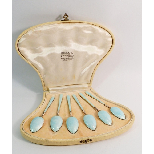 286 - A set of six silver and turquoise enamel coffee spoons by Henry Clifford Davis, Birmingham 1960 - ca... 