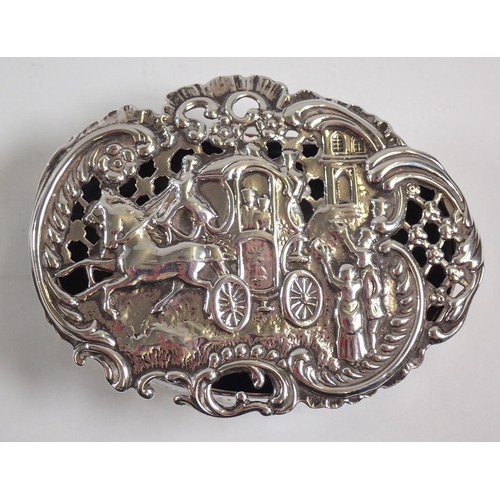 304 - A silver hinged trinket box, the top embossed horse and cart scene, by William Comyns & Sons, London... 