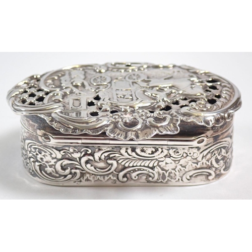 304 - A silver hinged trinket box, the top embossed horse and cart scene, by William Comyns & Sons, London... 