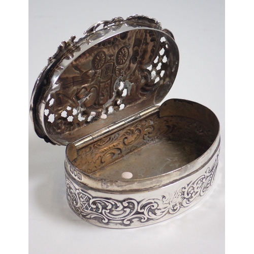 304 - A silver hinged trinket box, the top embossed horse and cart scene, by William Comyns & Sons, London... 