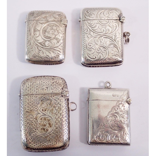 326 - Four silver vesta cases, Chester 1905 & 1914 and Birmingham 1903 & 1907, all with engraved foliage d... 