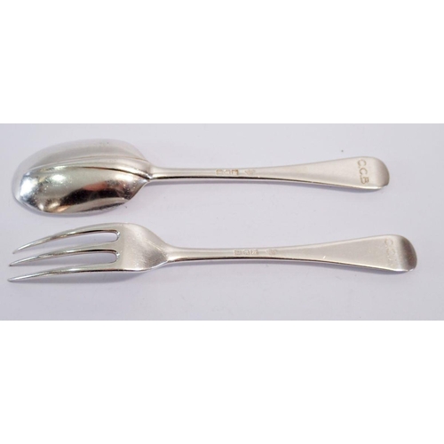 337 - A silver christening rats tail spoon and fork, London 1915 by Goldsmiths & Silversmiths, 78g