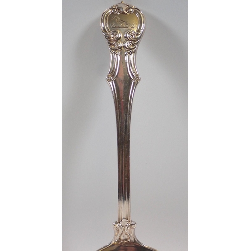 348 - An ornate silver sauce ladle, London 1842 by Samuel Haynes and Dudley Cater, 90g, with bird crest, 1... 