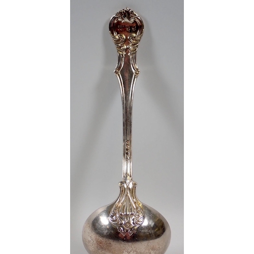 348 - An ornate silver sauce ladle, London 1842 by Samuel Haynes and Dudley Cater, 90g, with bird crest, 1... 