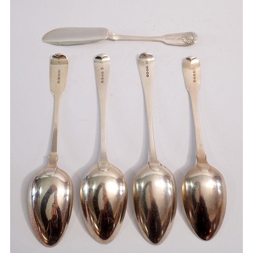 359 - Four various Georgian silver tablespoons 245g and a Victorian silver butter knife, London 1862 by Ch... 