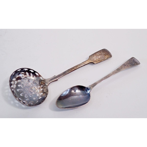 361 - A set of five Georgian silver coffee spoons, London 1795 with bright cut decoration and a silver sif... 