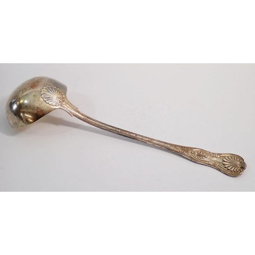 367 - A Kings Pattern silver soup ladle with engraved crest, London 1892 by Francis Higgins, 310g, 34.5cm