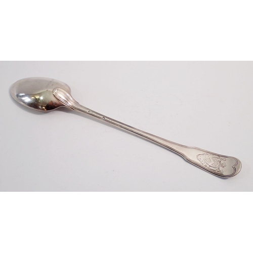 371 - A silver fiddle and thread stuffing spoon with engraved armorial to reverse, London circa 1780, 144g... 