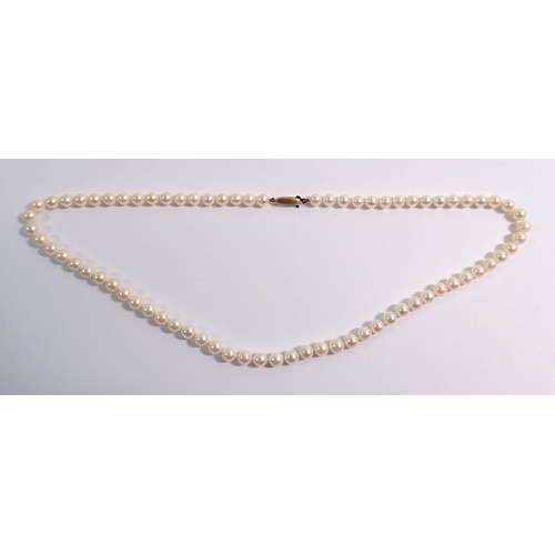 385 - A single string of pearls with 9 carat gold clasp, 48cm long - in Mikimoto box