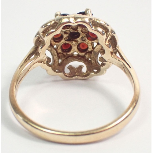 408 - A 9 carat gold garnet cluster ring, size L, 2.6g