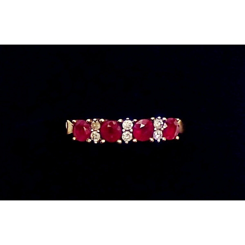 415 - A 9 carat gold ring set row of four rubies and six diamonds, size P, 1.8g